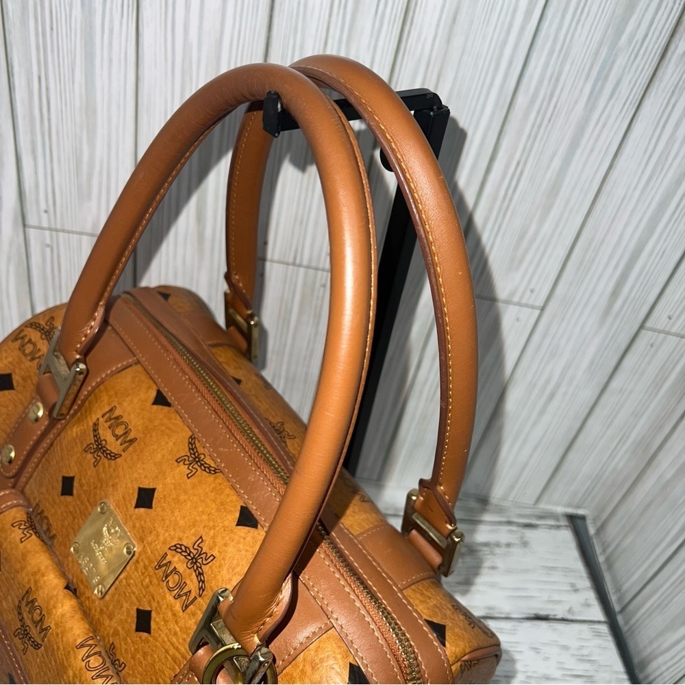 MCM Vintage Cognac Visetos Monogram Boston Satchel Bag with Gold Logo Plate - Picture 7 of 14
